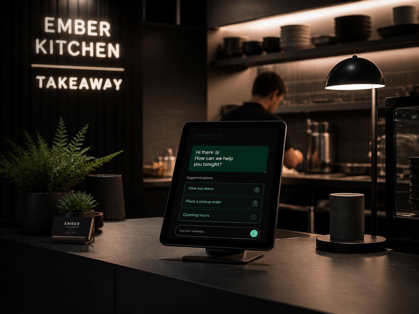 A takeaway counter with a tablet showing the OrderPilot AI chat assistant